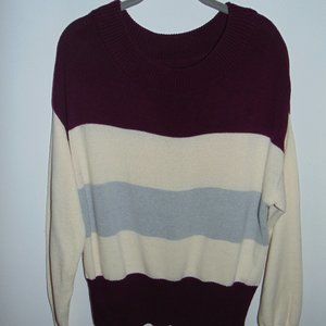 Lucky Brand Sweater Womens Size S/P Burgundy White Gray Striped Knit Pullover